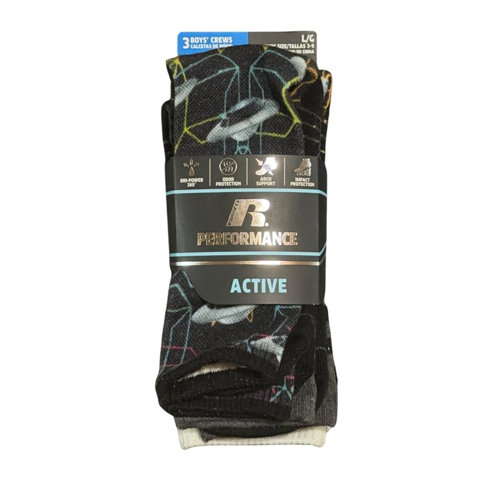 NWT Russell Boys 3-Pack Large Crew Socks‎ Shoe 3-9 Active Performance Dri-Power